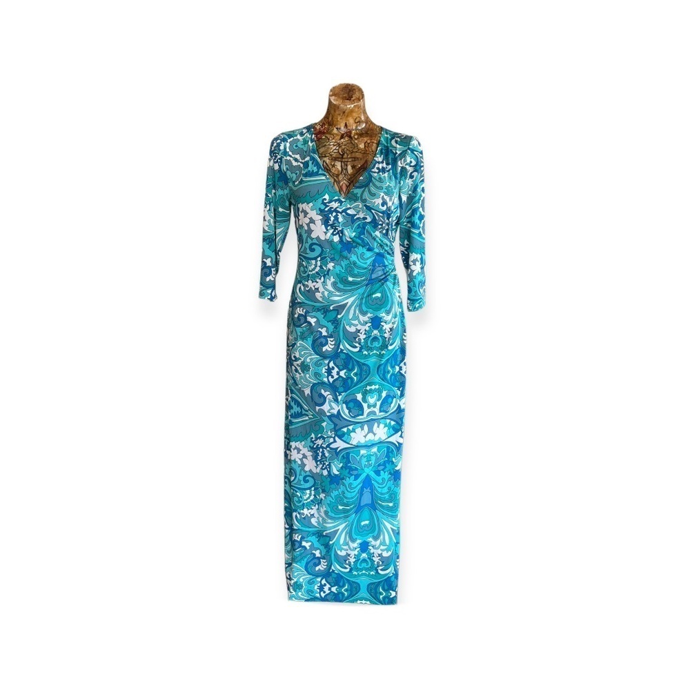 Prelude maxi dress blue white slit small long sleeve
